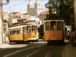 Yellow trams - public transport with a baby